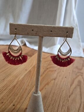 Stella & Dot Gold Teardrop Earrings with Red Tassels